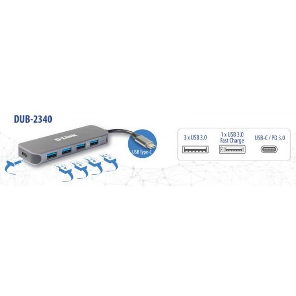 D-Link DUB-2340 hub di interfaccia USB tipo-C 5000 Mbit/s Grigio (USB-C 4-PORT USB 3.0 HUB)D-link0790069468636DUB-2340