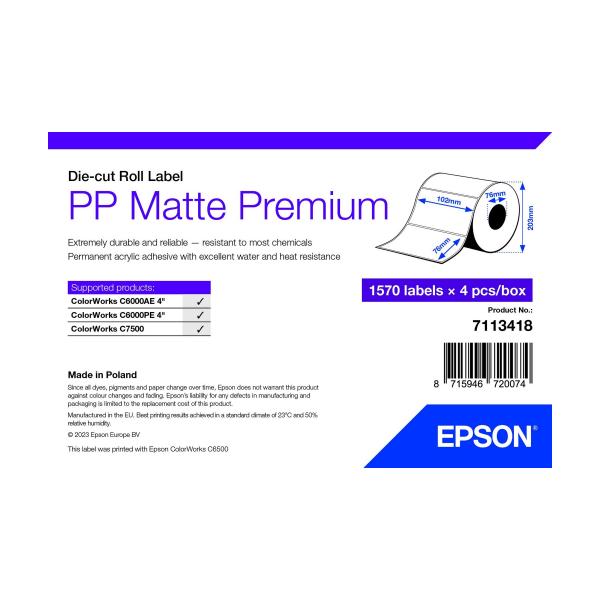 Epson 7113418 etichetta per stampante Bianco Etichetta per stampante autoadesiva (PP MATTE LABEL PREM DIE-CUT - ROLL 102X76MM 1570 LABELS)Epson87159467200747113418