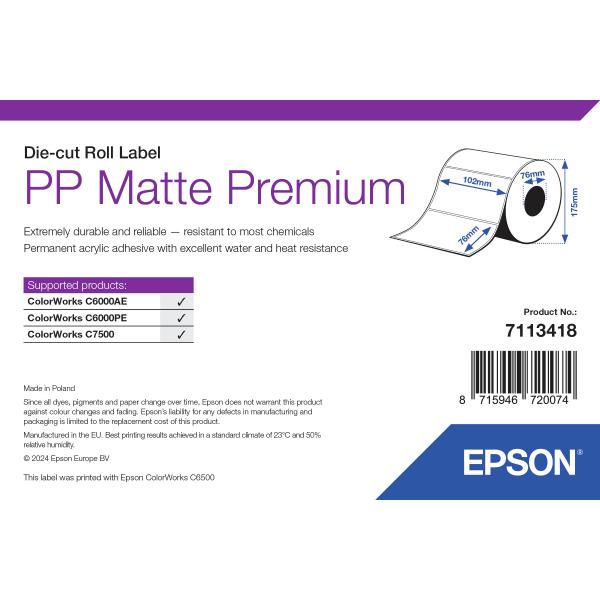 Epson 7113418 etichetta per stampante Bianco Etichetta per stampante autoadesiva (PP MATTE LABEL PREM DIE-CUT - ROLL 102X76MM 1570 LABELS)Epson87159467200747113418