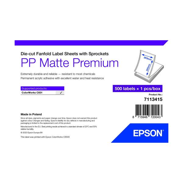 Epson 7113415 etichetta per stampante Bianco Etichetta per stampante autoadesiva (PP MATTE LABEL PREM DIE-CUT - FANFOLD SHEETS WITH SPROCKETS 20)Epson87159467200437113415