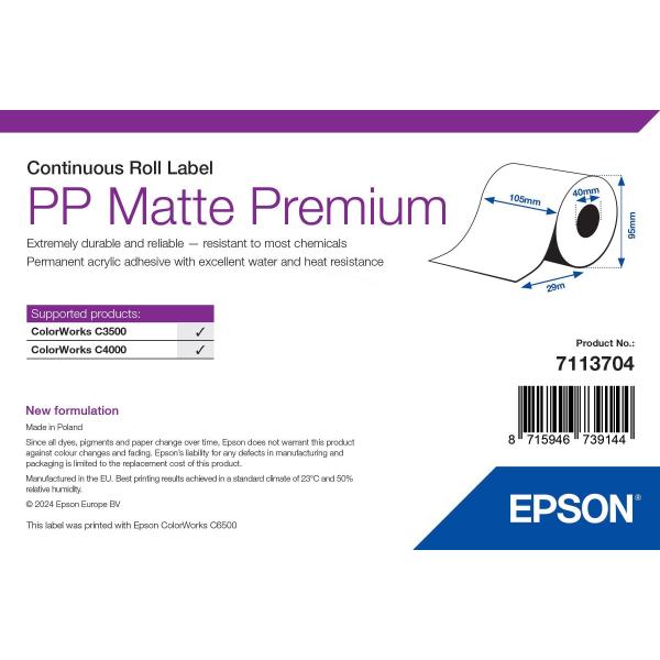 Epson 7113704 etichetta per stampante Bianco Etichetta per stampante autoadesiva (PP MATTE LABEL PREMIUM - CONTINUOUS ROLL 105MM X 29M)Epson87159467391447113704