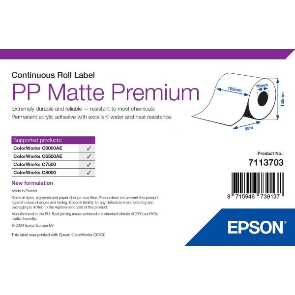 Epson 7113703 etichetta per stampante Bianco Etichetta per stampante autoadesiva (PP MATTE LABEL PREMIUM - CONTINUOUS ROLL 105MM X 55M)Epson87159467391377113703