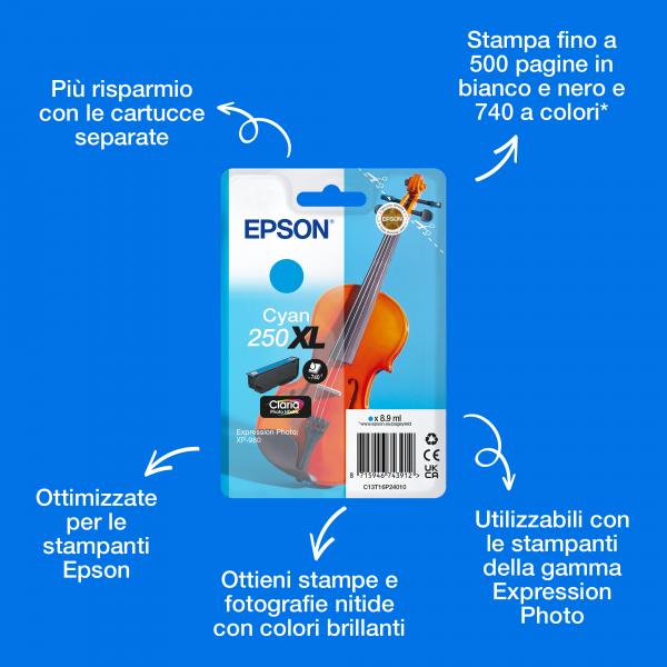 Epson Inchiostro ciano 250XL Claria Photo HD Violino in confezione singola (SINGLEPACK CYAN 250XL INK)Epson8715946743912C13T16P24010