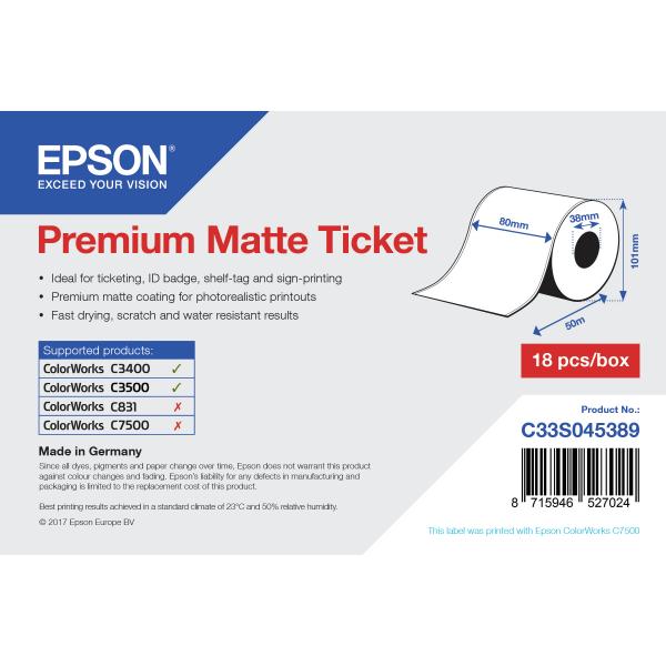 Epson Premium Matte Ticket - Roll: 80mm x 50m (1ROLL PREMIUM MATTE TICKET ROLL - 80MM X 50M MINORDERQTY: 18)EpsonC33S045389