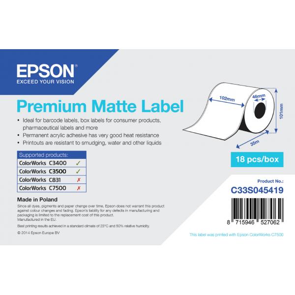 Epson Premium Matte Label - Continuous Roll: 102mm x 35m (1ROLL PREMIUM MATTE LABEL CONT - 102MMX35M MINORDERQTY: 18)EpsonC33S045419