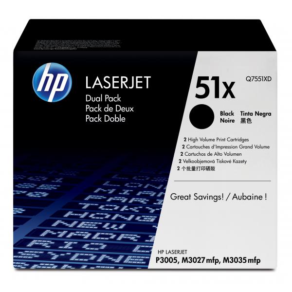 HP Confezione da 2 cartucce originali di Toner nero ad alta capacità LaserJet 51X (HP 51X - 2 pakker - H?jtydende - sort)HpQ7551XD