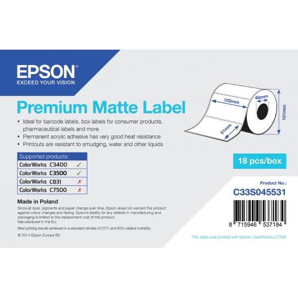Epson Premium Matte Label - Die-cut Roll: 102mm x 51mm, 650 labels (PREMIUM MATTE LABEL-DIE-CU - 102MM X 51MM 650 LABELS)EpsonC33S045531