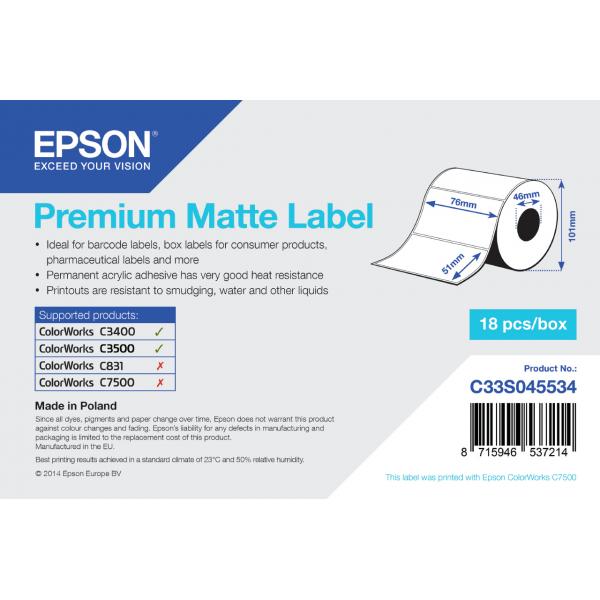 Epson Premium Matte Label - Die-cut Roll: 76mm x 51mm, 650 labels (PREMIUM MATTE LABEL-DIE-CU - 76MM X 51MM 650 LABELS)EpsonC33S045534