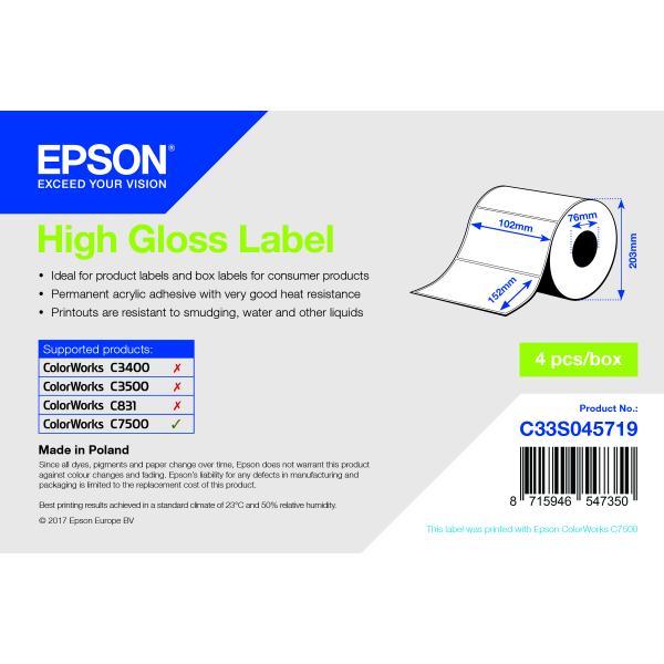 Epson High Gloss Label - Die-cut Roll: 102mm x 152mm, 800 labels (HIGH GLOSS DIE-CUT - 102MMX152MM 800 LBLS)Epson8715946547350C33S045719