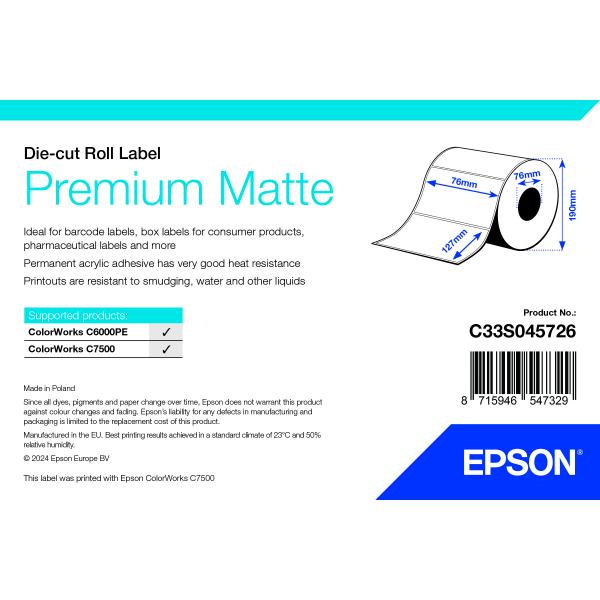 Epson Premium Matte Label - Die-cut Roll: 76mm x 127mm, 960 labels (PREMIUM MATTE DIE-CUT - 76MMX127MM 960 LBLS)Epson8715946547329C33S045726