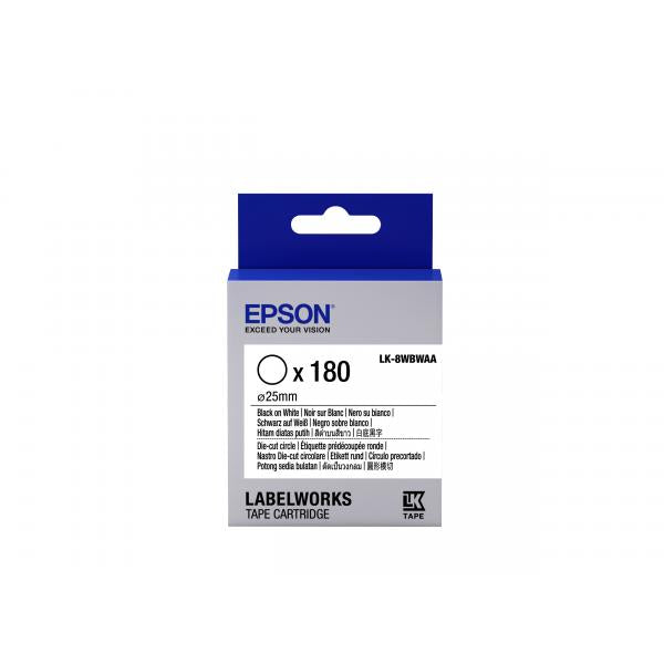 Epson Nastro fondo pretagliato circolare Bianco per testo Nero, Die-Cut D25mm/180 etichette LK-8WBWAA (TAPE - LK-8WBWAA D-CUT C BLK-/W - WHT D25/180)Epson8715946611808C53S658901