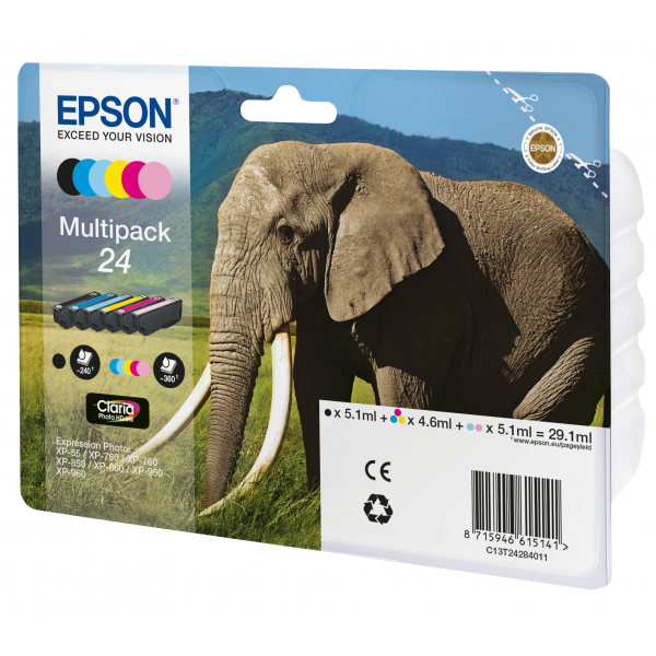 Epson Elephant Multipack 6-colours 24 Claria Photo HD Ink (Epson 24 Multipack - 6 pakker - sort,)EpsonC13T24284021