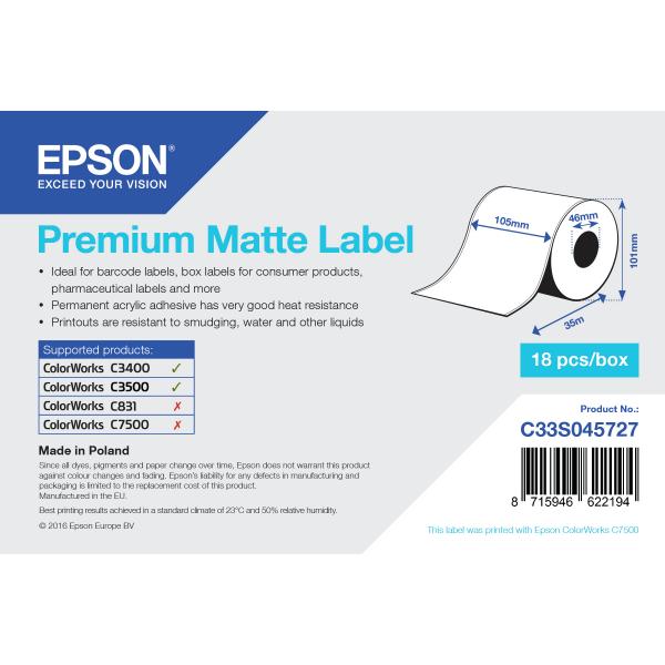 Epson Premium Matte Label - Continuous Roll: 105mm x 35m (PREMIUM MATTE LABEL - CONT.R 105MM X 35M)EpsonC33S045727
