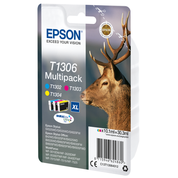 Epson Stag Multipack 3 colori DURABrite Ultra Cervo T1306 (INK CARTR DURABR ULTRA MULTIPK - 3 COLOUR BX320FW SX620FW SX525WD)EpsonC13T13064012