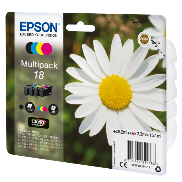 Epson Daisy Multipack Margherita 4 colori Inchiostri Claria Home 18 (CLARIA HOME INK MULPK BK/TRI CO - 4 COLOUR 18)EpsonC13T18064012