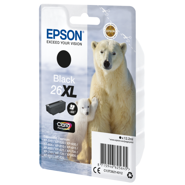 Epson Inchiostro nero singolo Claria Premium Orso bianco 26XL (EPSON T2621 XL BLACK INK CLARIA PREMIUM POLAR BEAR INK)EpsonC13T26214012