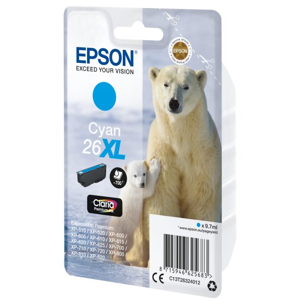 Epson Polar bear Inchiostro ciano singolo Claria Premium Orso bianco 26XL (EPS CYAN 26XL CLARIA INK)EpsonC13T26324012