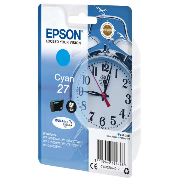 Epson Alarm clock Singlepack Cyan 27 DURABrite Ultra Ink (SGLPCK CYAN DURABRITEULTRAINK27 - INKCARTR IN RS BLISTER PACK)EpsonC13T27024012