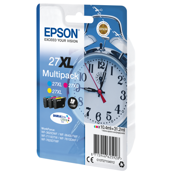Epson Alarm clock Multipack 3-colour 27XL DURABrite Ultra Ink (Epson 27XL Multipack - Confezione da 3 - 31.2 ml - XL - giallo, ciano, magenta - originale - cartuccia d'inchiostro - per WorkForce WF-3620, WF-3640, WF-7110, WF-7210, WF-7610, WF-7620, W...
