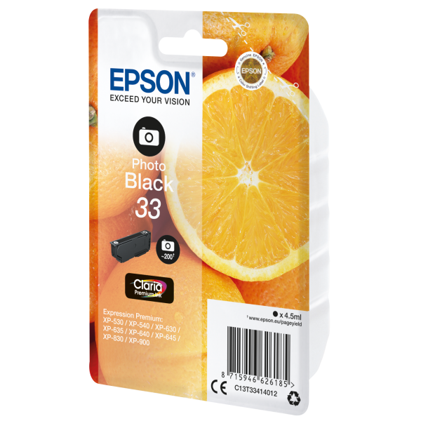 Epson Oranges Cartuccia Nero foto T33 Claria Premium (EPSON 33 PHOTO BLACK INK ORANGES 1 x 4.5 ml STANDARD)EpsonC13T33414012