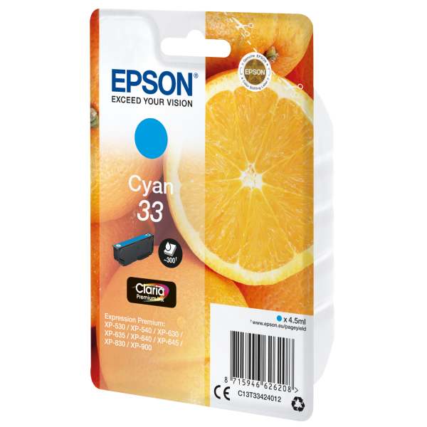 Epson Oranges Cartuccia Ciano T33 Claria Premium (EPSON 33 CYAN INK ORANGES 1 x 4.5 ml STANDARD)EpsonC13T33424012