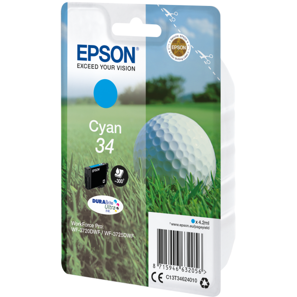 Epson Golf ball Singlepack Cyan 34 DURABrite Ultra Ink (EPSON 34 CYAN INK CARTRIDGE GOLF BALL, 4.2ML)EpsonC13T34624010
