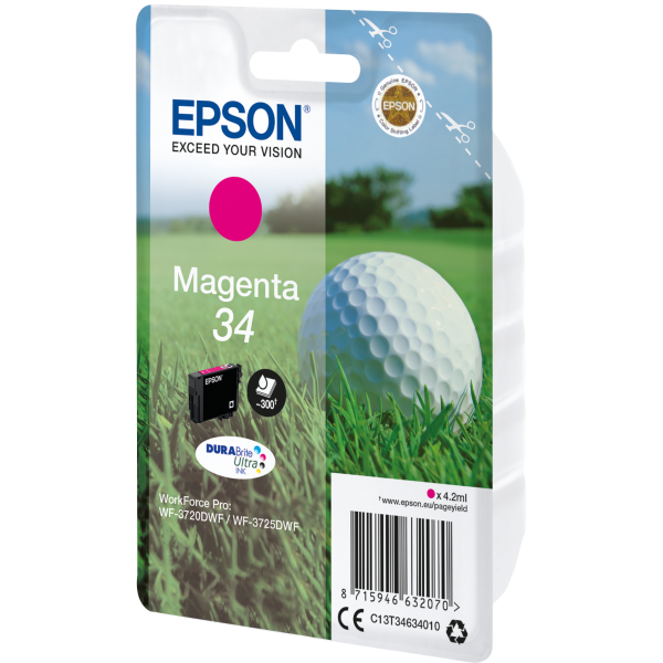 Epson Golf ball Singlepack Magenta 34 DURABrite Ultra Ink (EPSON 34 MAGENTA INK CARTRIDGE GOLF BALL, 4.2ML)EpsonC13T34634010