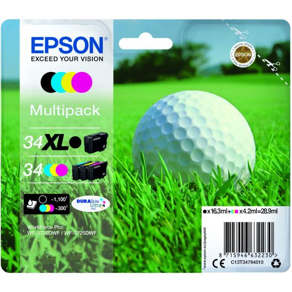 Epson Golf ball Multipack 4-colours 34 XL Black/Std. CMY DURABrite Ultra Ink (EPSON 34XL MULTIPACK XL BLACK / STANDARD COLOURS)Epson8715946632230C13T34794010