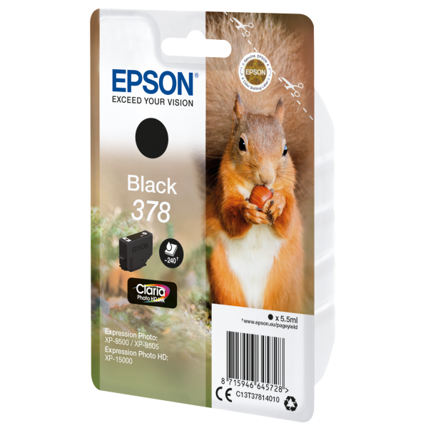 Epson Squirrel Singlepack Black 378 Claria Photo HD Ink (SINGLEPACK BLACK 378 - SQUIRREL CLARA PHOTO HD INK)EpsonC13T37814010