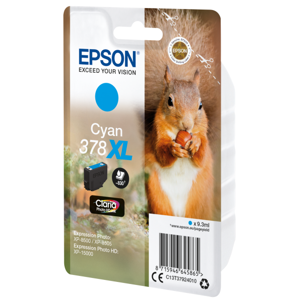 Epson Squirrel Singlepack Cyan 378XL Claria Photo HD Ink (Epson 378XL - 9.3 ml - alta capacit - ciano - originale - blister - cartuccia d'inchiostro - per Expression Home XP-8605, 8606, Expression Home HD XP-15000, Expression Photo XP-8505, 8700)Epso...