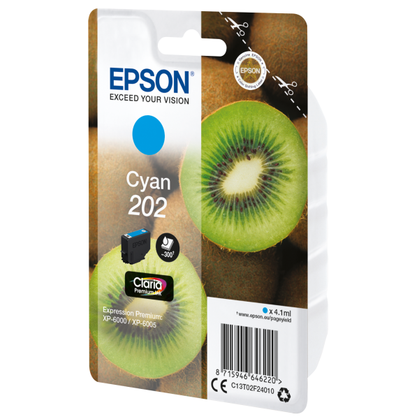 Epson Kiwi Singlepack Cyan 202 Claria Premium Ink (SINGLEPACK CYAN 202 CLARIA KIWI - PREMIUM INK CARTRIDGES1 X 4.1ML)EpsonC13T02F24010