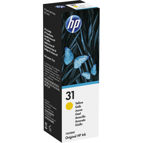 HP Flacone di inchiostro giallo originale 31 da 70 ml (HP 31 - 70 ml - giallo - originale - ricarica inchiostro - per Smart Tank 5105, 67X, 70XX, 73XX, 750, 76XX, Smart Tank Plus 55X, 570, 655)Hp01916283495001VU28AE