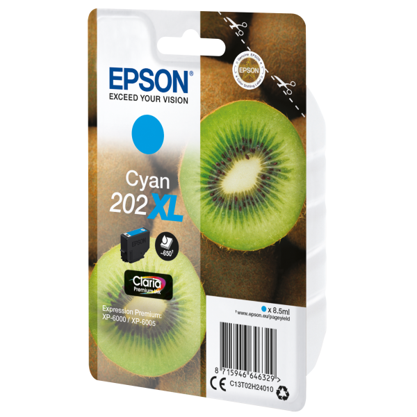 Epson Kiwi Singlepack Cyan 202XL Claria Premium Ink (EPSON 202XL CLARIA CYAN INK INK CARTRIDGE KIWI)Epson8715946646336C13T02H24020