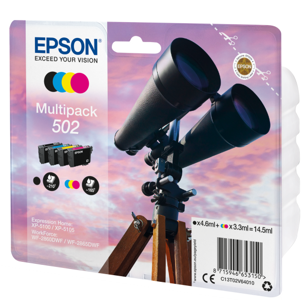 Epson Multipack 4-colours 502 Ink (BINOCULARS MULTIPACK 4-COLOURS - 502 INK BLACK 4.6ML - CMY 3.3ML)EpsonC13T02V64010
