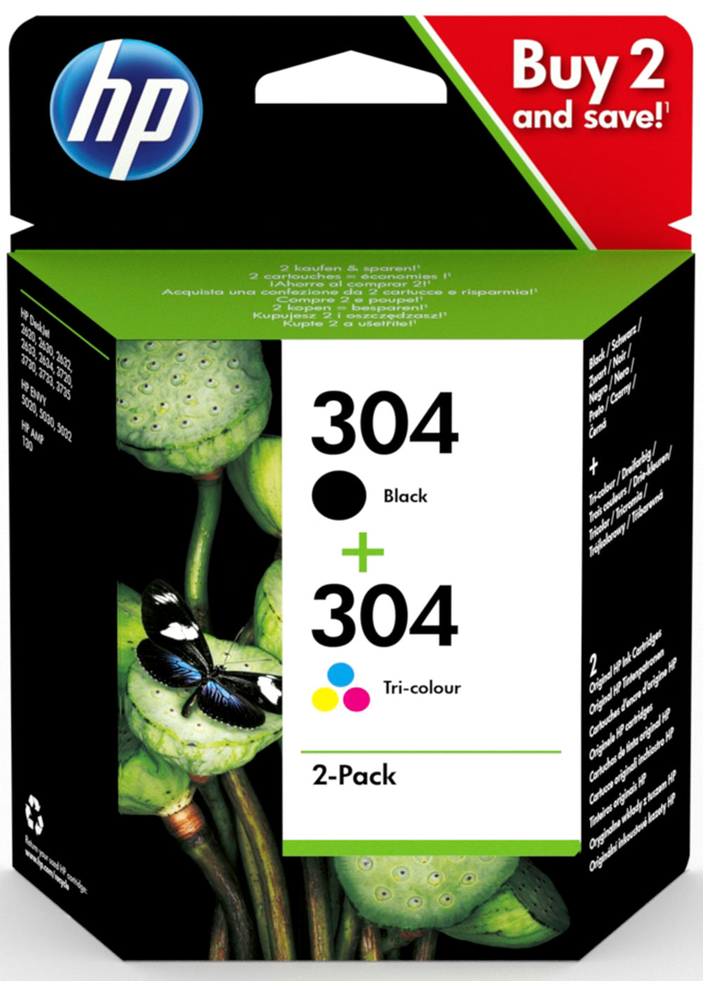 HP Confezione da 2 cartucce di inchiostro nero/in tricromia originali 304 (HP 304 - 2 pakker - sort, farve [cyan,)Hp3JB05AE#301