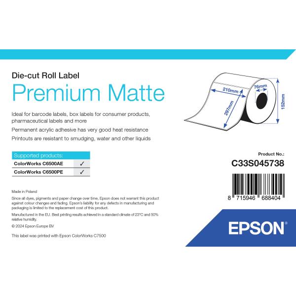 Epson Premium Matte Label - Die Cut Roll: 210mm x 297mm, 200 labels (PREMIUM MATTE LABEL DIE CUTROLL - 210MMX297MM 200 LABELS)Epson8715946688404C33S045738
