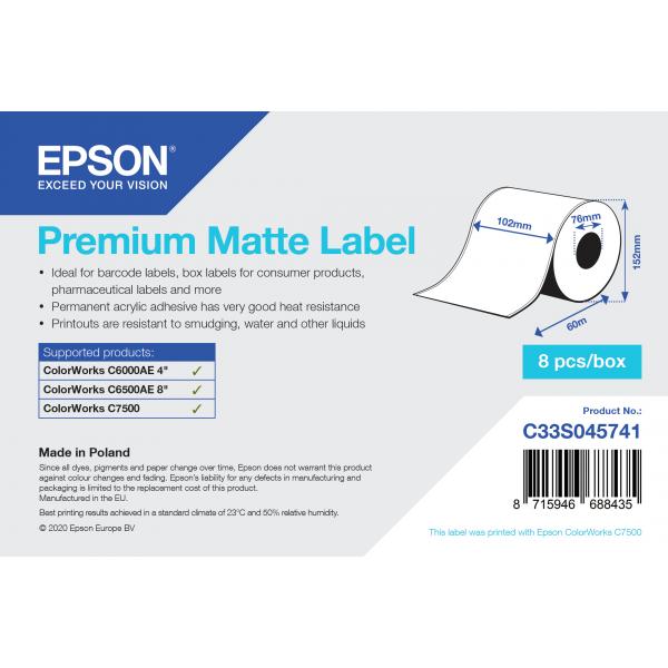 Epson Premium Matte Label - Continuous Roll: 102mm x 60m (PREMIUM MATTE LABEL CONTINUOUS - ROLL 102MMX60M)Epson8715946688435C33S045741