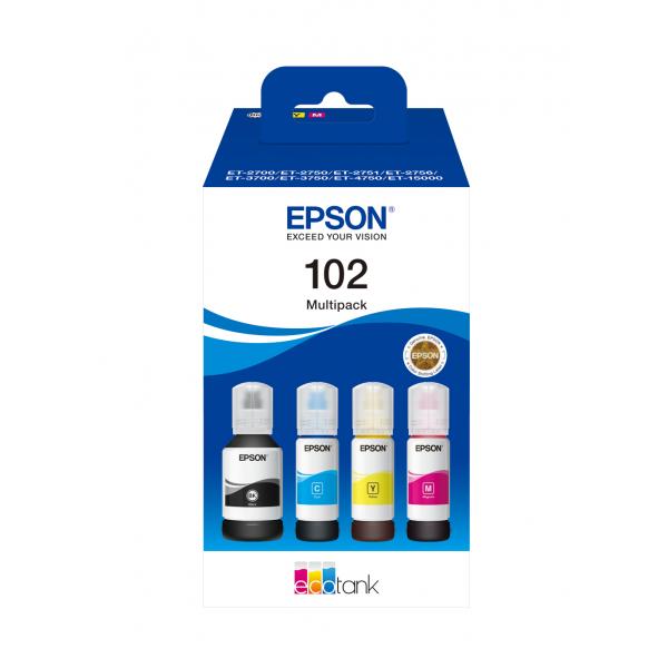 Epson 102 EcoTank 4-colour Multipack (Epson 102 Multipack - 4-pack - black, yellow, cyan, magenta - original - ink cartridge - for EcoTank ET-15000, 2750, 2751, 2756, 2850, 2851, 2856, 3850, 4750, 4850, 4856)EpsonC13T03R640