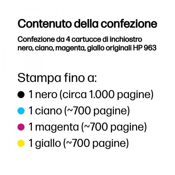 HP Confezione da 4 cartucce di inchiostro nero, ciano, magenta, giallo originali 963 (HP 963 - 4-pack - black, yellow, cyan, magenta - original - ink cartridge - for Officejet Pro 9010, 9012, 9014, 9015, 9016, 9019, 9020, 9022, 9025)Hp6ZC70AE