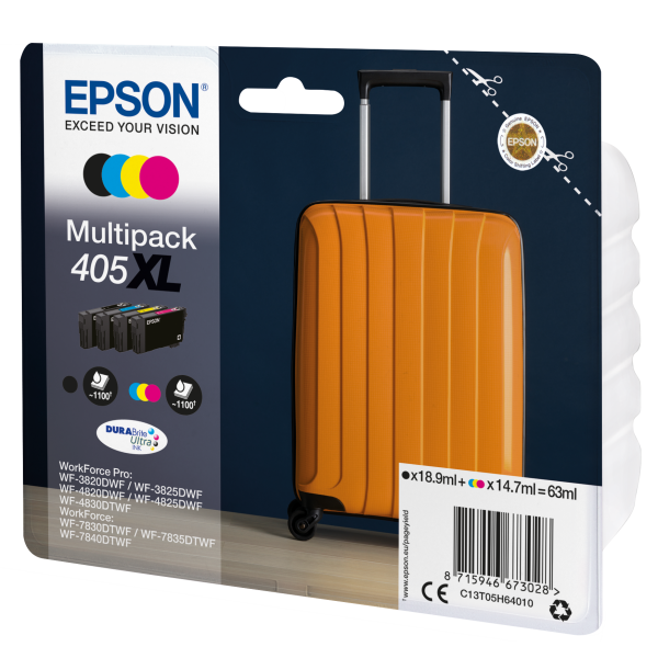 Epson Multipack 4-colours 405XL DURABrite Ultra Ink (Epson Ink Cartridges, DURABrite Ultra, 405XL, Multipack, 1 x 16.3 ml Black, 1 x 10.8 ml Cyan, 1 x 10.8 ml Magenta, 1 x 10.8 ml Yellow, XL)Epson8715946673028C13T05H64010