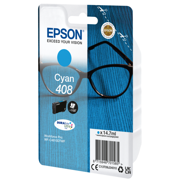 Epson Singlepack Cyan 408 DURABrite Ultra Ink (SINGLE CYAN 408 DURABRITE INK)Epson8715946701585C13T09J24010