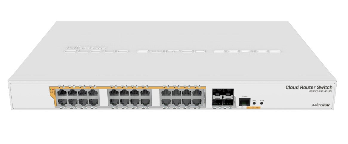 MikroTik, CRS328, 24P, 4S+RM 24 Gigabit Ethernet ports: Passive PoE, low voltage PoE, 802.3af/at (Type 1 ?PoE? / Type 2 ?PoE+?) with auto, sensing, 4 SFP+ ports