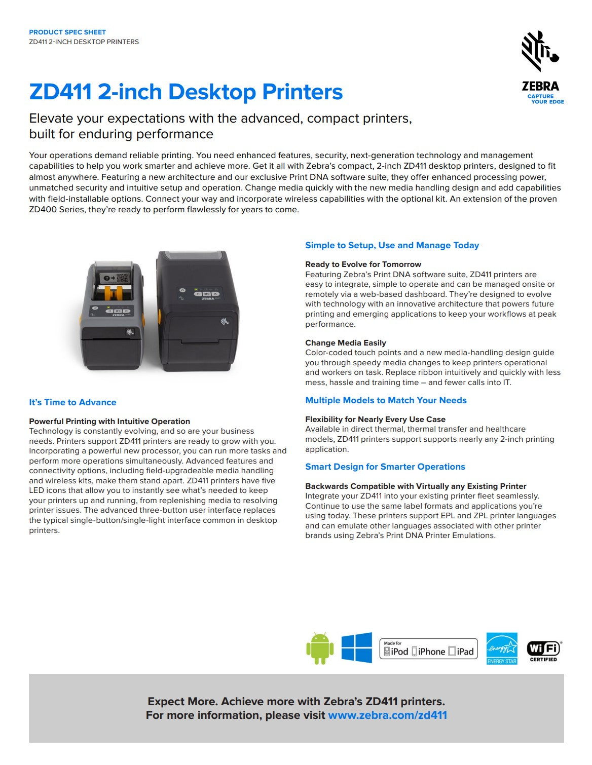 Zebra ZD411-HC, 8 dots/mm (203 dpi), RTC, USB, USB white