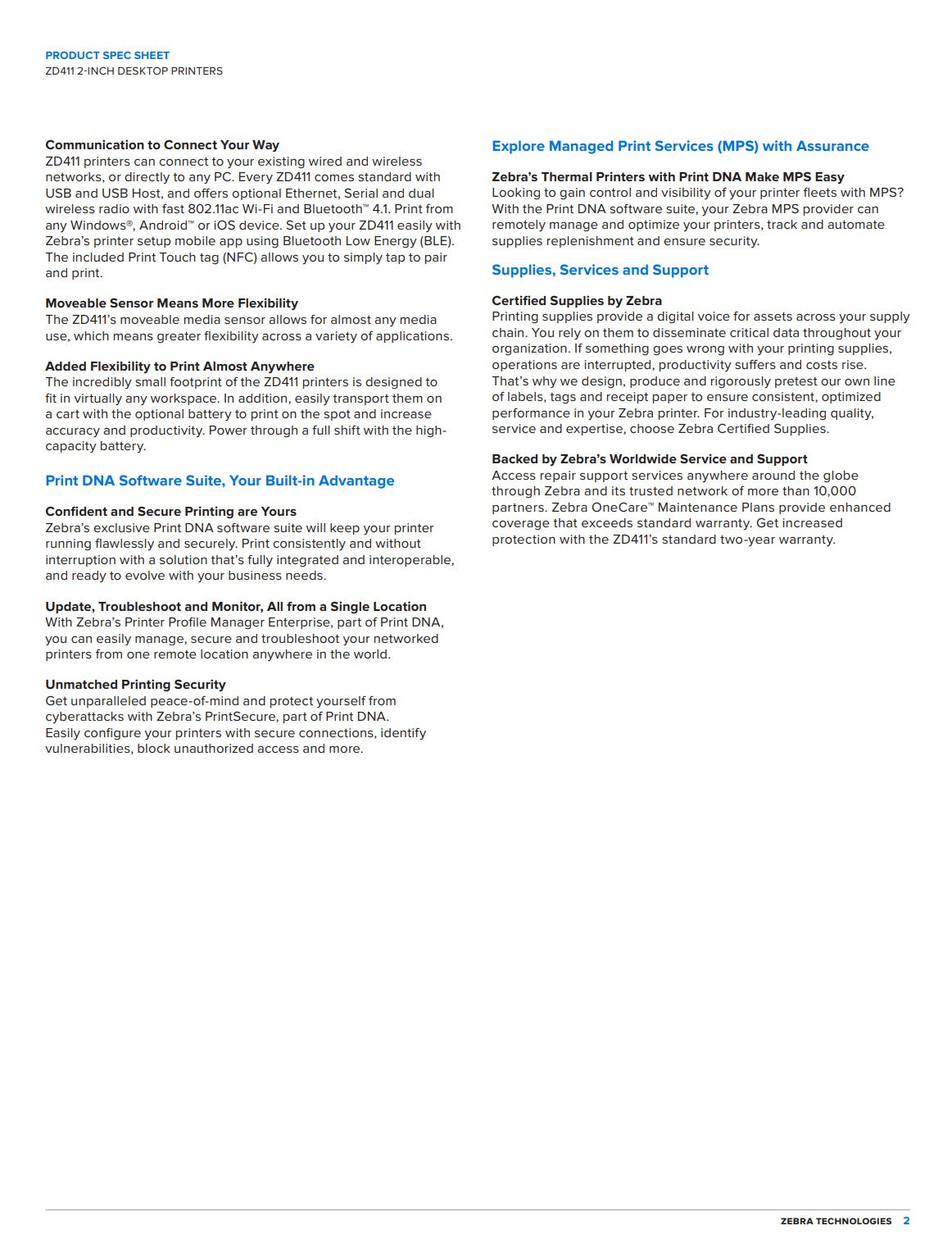 Zebra ZD411-HC, 8 dots/mm (203 dpi), RTC, USB, USB white