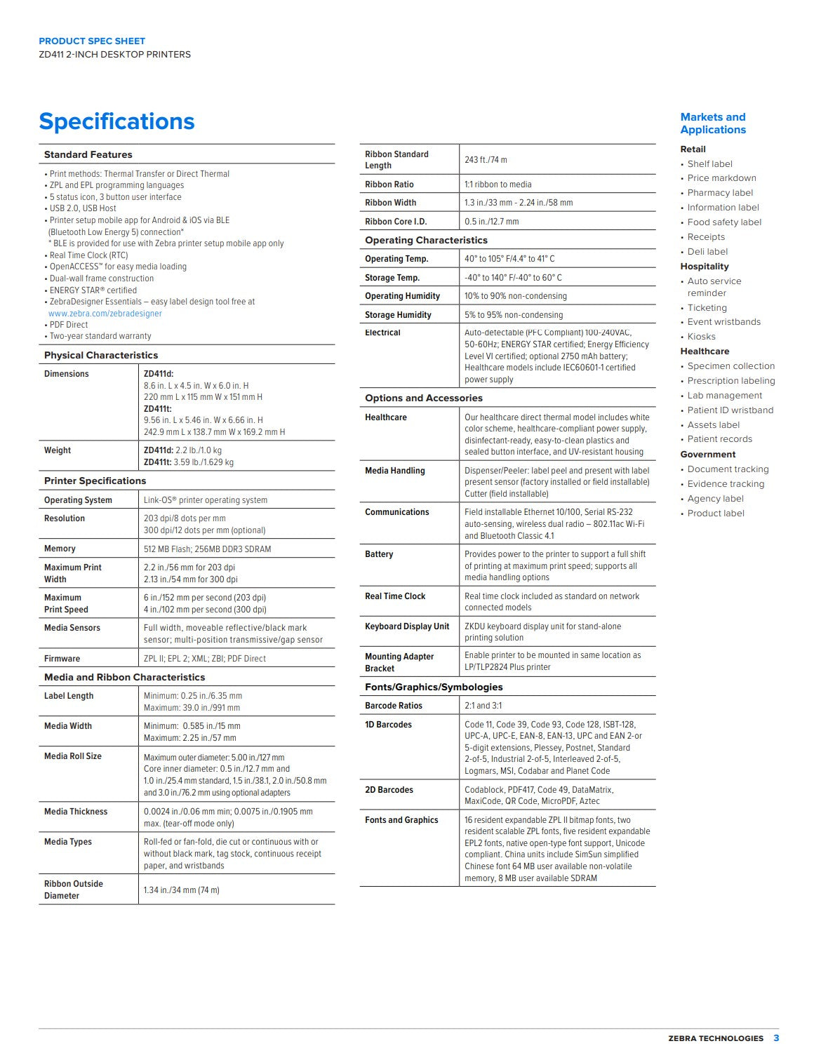 Zebra ZD411-HC, 8 dots/mm (203 dpi), RTC, USB, USB white