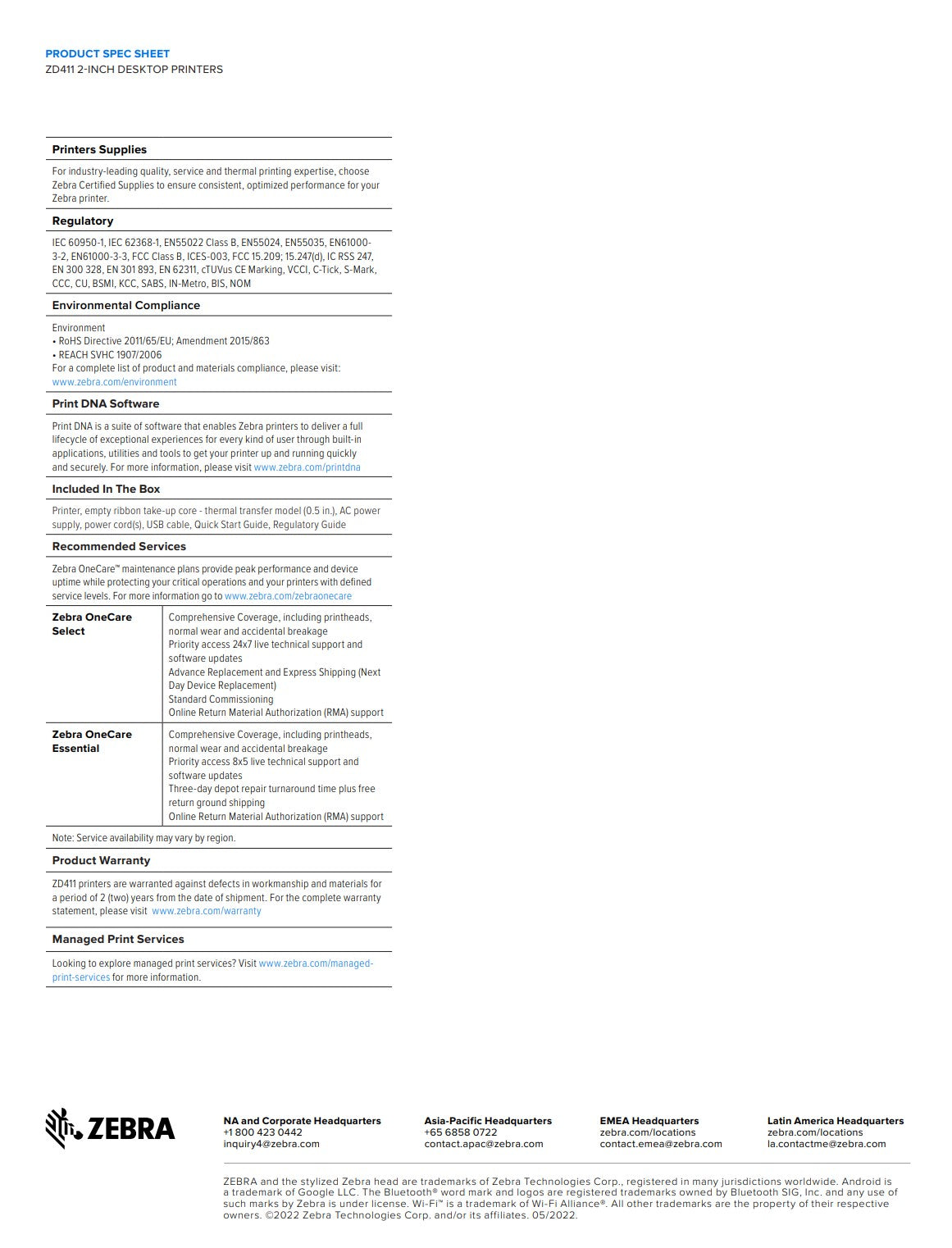 Zebra ZD411-HC, 8 dots/mm (203 dpi), RTC, USB, USB white