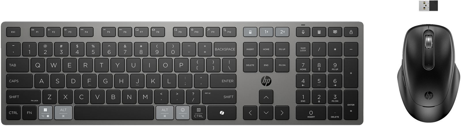 HP Combinazione di tastiera e mouse wireless ricaricabili multidispositivo 725 (HP 725 - Set mouse e tastiera - multi-dispositivo, ricaricabile, profilo ultra basso, rilevamento automatico del sistema operativo, tracciamento su pi superfici, forbice,...