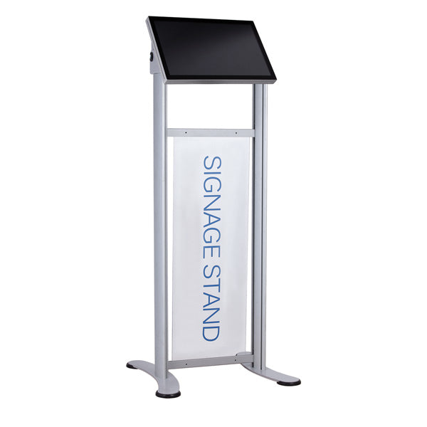 DIGITAL SIGNAGE STAND WITH INFORMATIVE SCREEN .
