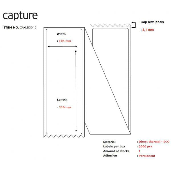 Capture CA-LB3045 etichetta per stampante Bianco (Label 105x220, Core Fanfold - Thermal print. Uncoated. - Permanent.)