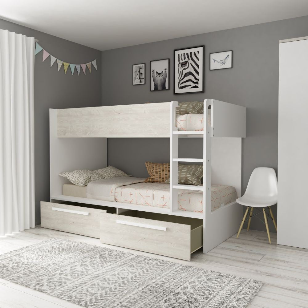 Cameretta con letto a castello con cassettoni colore bianco consumato e bianco reversibile